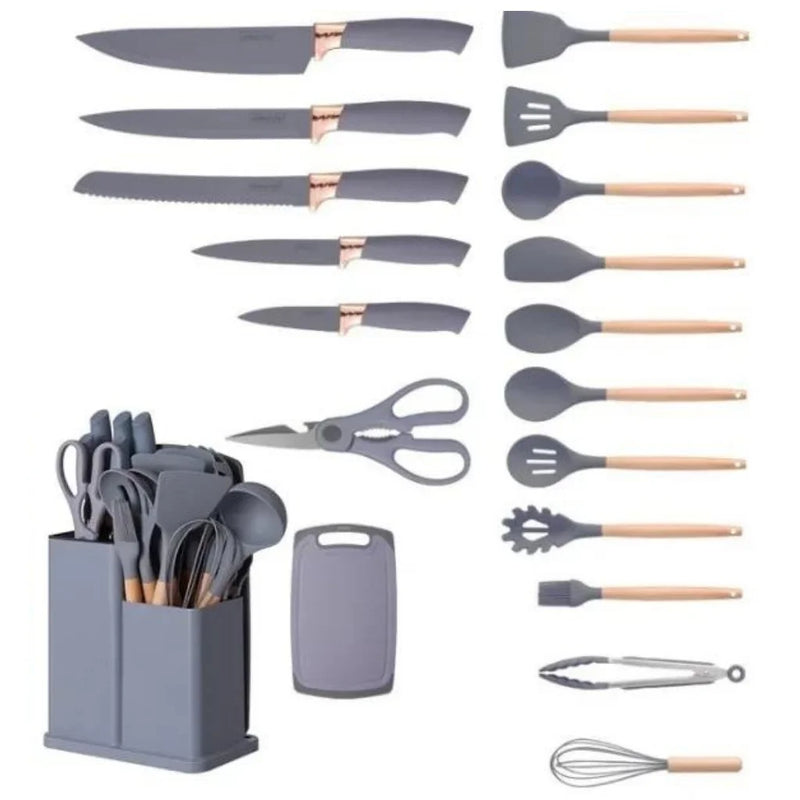 Kit top Completo Jogo Utensílios de Cozinha Luxo 19 Peças Com Tábua em Silicone Espátula Faca Tesoura Preto Ideal Para Cozinha