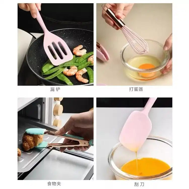 Jogo de 5 colheres top de silicone cabo inox utensílios cozinha