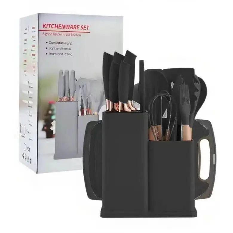 Kit top Completo Jogo Utensílios de Cozinha Luxo 19 Peças Com Tábua em Silicone Espátula Faca Tesoura Preto Ideal Para Cozinha