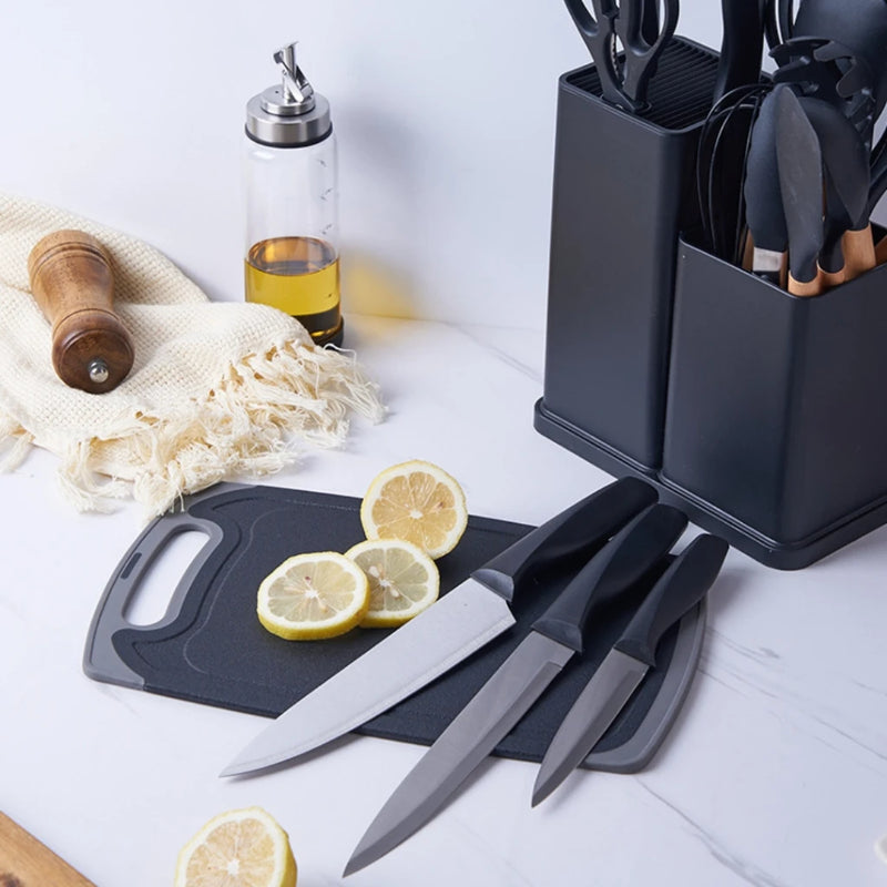 Kit top Completo Jogo Utensílios de Cozinha Luxo 19 Peças Com Tábua em Silicone Espátula Faca Tesoura Preto Ideal Para Cozinha