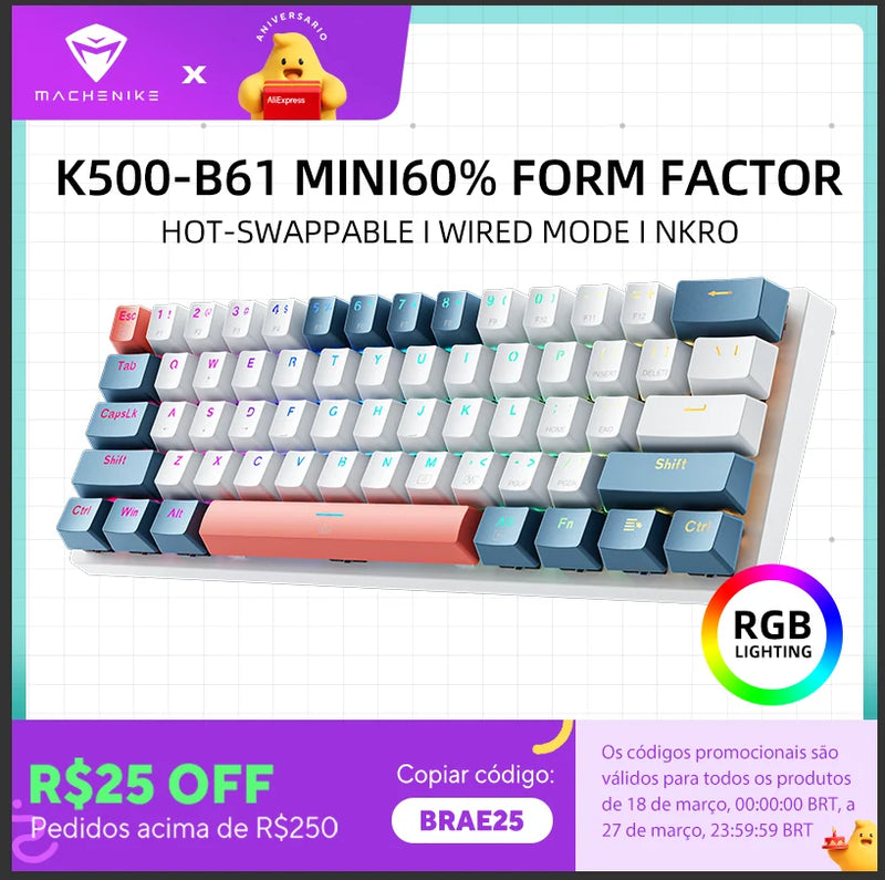 Machenike top K500-B61 Mini Teclado Mecânico Formato 60% com Fio, Teclas Removíveis, Retroiluminação RGB, 61 Teclas para Jogos.