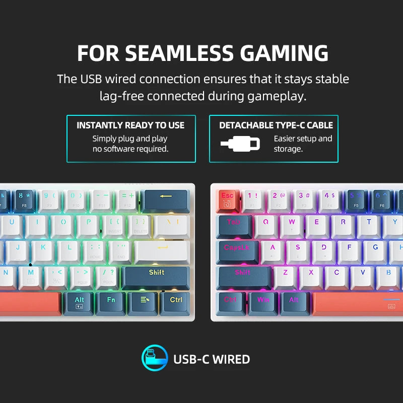 Machenike top K500-B61 Mini Teclado Mecânico Formato 60% com Fio, Teclas Removíveis, Retroiluminação RGB, 61 Teclas para Jogos.