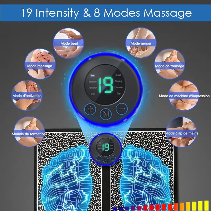 Massageador top de pés Sole Massage Pad Pés Estimulação Muscular 8 Modos 19 Nível Relaxamento Carregamento USB