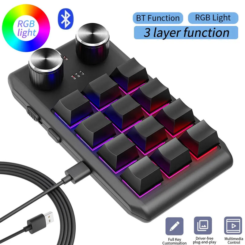 Macro personalizado 2 Knob teclado Bluetooth, RGB 12 Key Copy Paste, Mini Button Gaming Keypad, Mecânica Hotswap Macropad, Programação