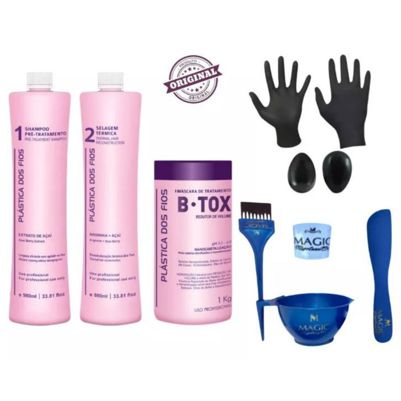 Escova Progressiva + Btox 3x1000ml Plastica dos fios e Cumbuca, Pincel, Medidor, Espátula, Luvas e Protetor de Orelhas.