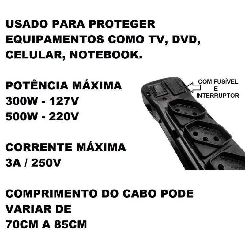 FILTRO DE LINHA RÉGUA DE TOMADAS top 6 tomadas tripolar 10 Amperes com fusível